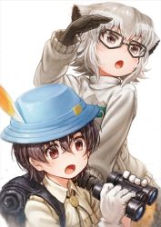 Rule 34 | 1boy, 1girl, animal ears, backpack, bag, binoculars, black-framed eyewear, black eyes, black gloves, black hair, blue headwear, bolo tie, brown eyes, captain (kemono friends), collared shirt, commentary, glasses, gloves, grey sweater, hand on another&#039;s shoulder, hat feather, helmet, highres, holding, holding binoculars, japari symbol, kemono friends, kemono friends 3, lain, long sleeves, looking to the side, meerkat (kemono friends), meerkat ears, meerkat tail, open mouth, pith helmet, shading eyes, shirt, short hair, silver hair, simple background, sweater, turtleneck, turtleneck sweater, white background, white gloves, white shirt