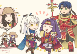 Rule 34 | altina (fire emblem), armor, artist name, blue scarf, camera, chibi, closed eyes, commentary, fire emblem, fire emblem: radiant dawn, fire emblem heroes, hat, headband, hitaki y, holding, holding polearm, holding weapon, japanese armor, long hair, long scarf, micaiah (fire emblem), micaiah (ninja) (fire emblem), ninja, nintendo, open mouth, polearm, ponytail, red headband, sanaki kirsch altina, sanaki kirsch altina (ninja), scarf, seiza, sephiran, simple background, sitting, spear, standing, symbol-only commentary, taking picture, weapon, white background, white hair, yellow eyes, zelgius (fire emblem), zelgius (ninja) (fire emblem)