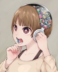 Rule 34 | 1girl, brown eyes, brown hair, commentary, gashapon, highres, original, short hair, simple background, solo, upper body, yajirushi (chanoma)