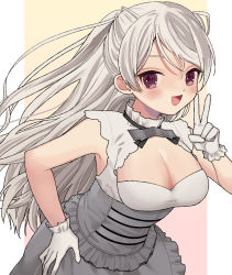Rule 34 | 1girl, armpit cutout, black neckerchief, blush, breasts, brown eyes, cleavage, cleavage cutout, clothing cutout, conte di cavour (kancolle), conte di cavour nuovo (kancolle), corset, cowboy shot, dress, frilled dress, frills, gloves, grey dress, hair between eyes, hand on own hip, kantai collection, large breasts, layered dress, long hair, looking at viewer, neckerchief, open mouth, smile, solo, two-tone dress, two side up, v, waco, white background, white dress, white gloves, yellow background