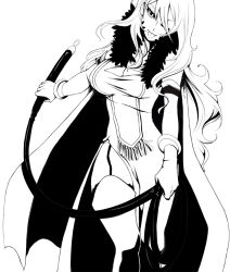 Rule 34 | 1girl, akishima kei, breasts, cape, cleavage, cleavage cutout, clothing cutout, elbow gloves, gloves, greyscale, long hair, mayotome, monochrome, one eye closed, solo, tongue, whip, wink