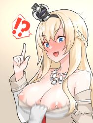 Rule 34 | !?, 1girl, 1other, black hairband, blonde hair, blue eyes, blush, braid, breasts, cleavage, clothes pull, collarbone, crown, dress, dress pull, french braid, furaggu (frag 0416), gradient background, hairband, index finger raised, jewelry, kantai collection, large breasts, long hair, long sleeves, mini crown, necklace, nipples, off-shoulder dress, off shoulder, open mouth, solo focus, upper body, warspite (kancolle), white dress