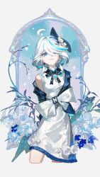 Rule 34 | 1girl, absurdres, ahoge, alternate costume, arms behind back, black jacket, black ribbon, blue brooch, blue eyes, blue hair, bow, closed mouth, commentary request, cropped legs, dress, flower, furina (genshin impact), genshin impact, highres, jacket, long hair, looking at viewer, open clothes, open jacket, rafaelaaa, ribbon, rose, single bare shoulder, sleeveless, sleeveless dress, solo, waist bow, white bow, white dress, white flower, white hair, white rose