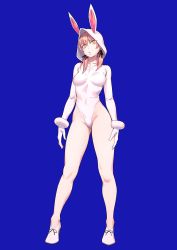 Rule 34 | 1girl, animal ears, animal hood, bare legs, black ribbon, blonde hair, blue background, breasts, character request, collarbone, contrapposto, copyright request, donkey ears, female focus, full body, gluteal fold, groin, hair between eyes, hair ribbon, head tilt, highleg, highleg leotard, hood, leotard, long hair, looking at viewer, low twintails, medium breasts, pink hair, rabbit ears, rabbit hood, ribbon, shoes, simple background, solo, standing, twintails, white footwear, white leotard, yellow eyes, yuuji (and)