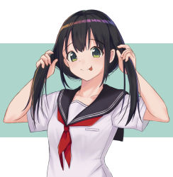 Rule 34 | 1girl, arms up, black hair, closed mouth, commentary request, green eyes, itachi kanade, looking at viewer, neckerchief, original, outside border, red neckerchief, school uniform, serafuku, short sleeves, simple background, solo, tongue, tongue out, twintails, uniform, upper body