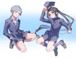 &gt;:) 2boys :&lt; ankle_socks black_footwear black_shorts black_socks blue_background blush buttoned_cuffs buttons clenched_hand collarbone floating_clothes floating_hair frown full_body gakuran gradient_background grey_hair hands_in_pockets hat highres holding holding_unworn_clothes holding_hat holding_unworn_clothes houjou_tokiyuki_(nige_jouzu_no_wakagimi) kneehighs legs_up light_particles long_hair looking_at_viewer low-tied_long_hair male_focus military_hat multiple_boys nezu_kojirou nige_jouzu_no_wakagimi official_alternate_costume open_collar parted_bangs ponytail saba_miso sanpaku school_uniform shirt short_hair shorts sidelocks_tied_back simple_background smile socks trap v-shaped_eyebrows very_long_hair very_short_hair white_background white_shirt white_socks