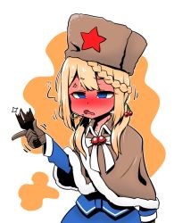 Rule 34 | 1girl, blonde hair, blue eyes, blush, broken bottle, capelet, drowsy, drunk, full-face blush, fur hat, girls&#039; frontline, gloves, hair ornament, hat, highres, holding, low twintails, open mouth, ppsh-41 (girls&#039; frontline), red star, simple background, sleepy, solo, star (symbol), twintails, ushanka, voodoowood