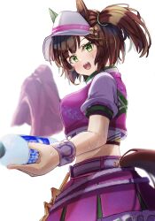 Rule 34 | 1girl, animal ears, belt, blush, bottle, breasts, brown hair, clothing cutout, crop top, cropped jacket, green eyes, highres, holding, holding towel, horse ears, horse girl, horse tail, ines fujin (umamusume), jacket, kamome (aiou0413), looking to the side, midriff, open mouth, pink jacket, pink skirt, pocari sweat, reaching, reaching towards viewer, short hair, short sleeves, side ponytail, skirt, small breasts, smile, solo, sweat, sweatband, tail, tail through clothes, towel, umamusume, upper body, visor cap, water bottle