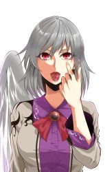 Rule 34 | 1girl, akanbe, bow, eyelid pull, grey hair, highres, kakao (noise-111), kishin sagume, looking at viewer, red eyes, shirt, short hair, simple background, single wing, solo, tongue, tongue out, touhou, upper body, vest, white background, wings