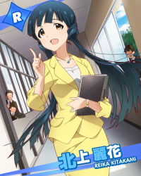 Rule 34 | 10s, 1girl, 3boys, blue hair, blush, book, brown eyes, character name, formal, idolmaster, idolmaster million live!, jacket, jewelry, kitakami reika, long hair, multiple boys, necklace, official art, pencil skirt, pointing, pointing up, skirt, skirt suit, suit, teacher, twintails, watch