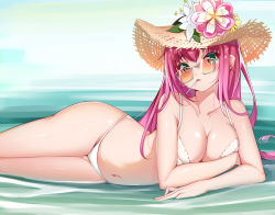 Rule 34 | 1girl, azur lane, bad id, bad pixiv id, bare shoulders, bikini, blush, breasts, catnnn, cleavage, commentary request, flower, gradient background, green eyes, hair between eyes, hat, hat flower, highres, in water, large breasts, long hair, looking at viewer, looking over eyewear, looking over glasses, lying, mouth hold, navel, on side, open mouth, orange-tinted eyewear, orange-tinted glasses, red hair, revision, solo, straw hat, sun hat, sunglasses, surcouf (azur lane), surcouf (loisirs balneaires) (azur lane), swimsuit, thighs, tinted eyewear, very long hair, water, white bikini