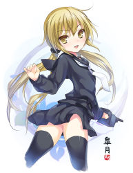 Rule 34 | 10s, 1girl, 47agdragon, black thighhighs, blonde hair, blush, from behind, highres, kantai collection, long hair, long sleeves, looking at viewer, looking back, open mouth, satsuki (kancolle), school uniform, serafuku, skirt, smile, solo, thighhighs, twintails, yellow eyes