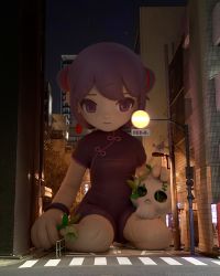 Rule 34 | 1girl, building, character request, city, closed mouth, commentary request, copyright request, crosswalk, double bun, expressionless, eyebrows hidden by hair, flower, green flower, hair bun, highres, holding, holding flower, inflatable toy, lamppost, night, night sky, outdoors, oversized object, photo (medium), photorealistic, purple eyes, purple hair, real world location, realistic, romper, sitting, skull, sky, solo, translation request, ve9etable0831, wariza