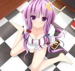 Rule 34 | 1girl, bare legs, barefoot, blush, book, bow, breasts, checkered floor, chimunge, cleavage, collarbone, crescent, crescent hair ornament, female focus, floor, from above, hair bow, hair ornament, long hair, looking at viewer, no headwear, no headwear, patchouli knowledge, purple eyes, purple hair, sitting, solo, touhou, wariza