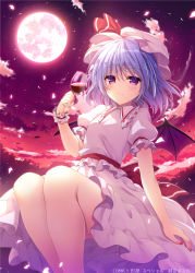 Rule 34 | 1girl, breasts, cup, dress, drinking glass, feet out of frame, full moon, hat, highres, holding, holding cup, light smile, looking at viewer, mob cap, moon, night, night sky, pink dress, purple eyes, purple hair, remilia scarlet, sky, small breasts, solo, touhou, wine glass, yuzuna hiyo