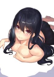 Rule 34 | 1girl, arm support, bare legs, barefoot, black hair, black skirt, blush, breast press, breasts, brown eyes, cleavage, collarbone, dutch angle, feet, hair over shoulder, hand on own chest, highres, kagematsuri, legs, lips, long hair, looking at viewer, lying, no bra, on stomach, original, pleated skirt, simple background, skirt, skirt only, smile, solo, topless, white background