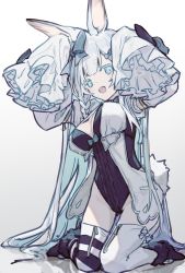 Rule 34 | 1girl, animal ears, black footwear, black thighhighs, blue bow, blue eyes, blue hair, bow, braid, earrings, frills, fur-trimmed footwear, fur trim, gradient background, grey hair, hair bow, highres, jewelry, kneeling, lack sikio, light blue hair, long hair, looking at viewer, multicolored hair, open mouth, original, puffy sleeves, rabbit earrings, rabbit pose, rabbit tail, short eyebrows, sleeves past fingers, sleeves past wrists, smile, solo, striped bow, striped clothes, striped thighhighs, tail, teeth, thighhighs, two-tone hair, upper teeth only, very long hair, white theme, zipper, zipper pull tab