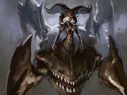 Rule 34 | 1girl, absurdres, brown eyes, claws, extra mouth, full body, highres, horns, magic: the gathering, monster girl, multiple legs, robert knight, sharp teeth, sheoldred, whispering one, solo, spikes, teeth