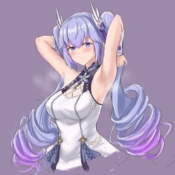 Rule 34 | 1girl, a-soul, armpits, arms up, ava (a-soul), blush, can142857, gauntlets, hair ornament, highres, long hair, purple background, purple eyes, purple hair, simple background, sleeveless, smell, steam, steaming body, sweat, twintails, upper body, virtual youtuber