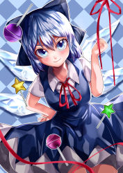 Rule 34 | 1girl, absurdres, blouse, blue background, blue bow, blue dress, blue eyes, bow, breasts, candy, checkered background, cirno, closed mouth, collared shirt, commentary request, cowboy shot, dress, eyebrows hidden by hair, food, hair between eyes, hair bow, hand on own hip, highres, ice, ice wings, lollipop, looking at viewer, mahoro (minase mahoro), neck ribbon, pinafore dress, red ribbon, ribbon, shirt, short hair, short sleeves, sleeveless, sleeveless dress, small breasts, smile, solo, touhou, v-shaped eyebrows, wand, white shirt, wings