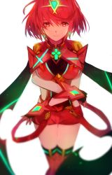 Rule 34 | 1girl, absurdres, blush, breasts, covered navel, earrings, fingerless gloves, gloves, hair ornament, highres, jewelry, large breasts, looking at viewer, nintendo, pyra (xenoblade), red eyes, red hair, short hair, shorts, sidelocks, simple background, smile, solo, tarbo (exxxpiation), tiara, white background, xenoblade chronicles (series), xenoblade chronicles 2, xenoblade chronicles (series), xenoblade chronicles 2