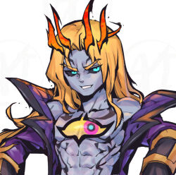 Rule 34 | 1boy, abs, black sclera, blonde hair, collarbone, colored sclera, colored skin, crown, eye tattoo, green eyes, grey skin, grin, jacket, league of legends, long hair, male focus, off shoulder, parted bangs, phantom ix row, purple jacket, simple background, smile, solo, soul fighter viego, teeth, upper body, viego (league of legends), white background