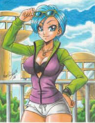 Rule 34 | 1girl, 2018, absurdres, arm up, artist name, blue eyes, blue hair, bra, breasts, building, bulma, cloud, collarbone, cowboy shot, day, digital watch, dragon ball, dragon ball super, dragon ball super broly, dragonball z, earrings, female focus, green jacket, hand on own hip, highres, jacket, jewelry, large breasts, long sleeves, multicolored clothes, multicolored jacket, neck, outdoors, partially unzipped, pendant, purple jacket, ravernclouk design, short hair, shorts, sky, smile, solo, standing, sunglasses on head, thighs, traditional media, two-tone jacket, underwear, watch, white shorts