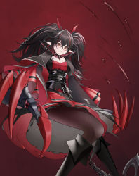 Rule 34 | 1girl, absurdres, azur lane, black capelet, black corset, black footwear, black hair, black pantyhose, boots, breasts, capelet, claw (weapon), claws, cleavage, corset, cross, dress, hair between eyes, highres, iron cross, pantyhose, pointy ears, red hair, simple background, syu.mu, twintails, weapon, wide sleeves, z24 (azur lane)
