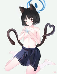 Rule 34 | 1girl, animal ears, areola slip, black eyes, black hair, black skirt, blue archive, blue halo, breasts, cat&#039;s cradle, cat ears, cat tail, closed mouth, grey eyes, halo, highres, kikyou (blue archive), medium breasts, multiple tails, pleated skirt, short hair, signature, simple background, skirt, socks, solo, tail, teeth bro, topless, two tails, white socks