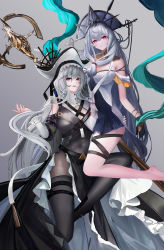 Rule 34 | 2girls, :o, absurdres, arknights, arm up, barefoot, black dress, black footwear, black gloves, black headwear, black pantyhose, blue dress, blue headwear, blush, boots, breasts, covered navel, dress, gloves, grey background, grey hair, grin, highres, legs, long hair, looking at viewer, medium breasts, multiple girls, official alternate costume, open mouth, pantyhose, purple eyes, red eyes, skadi (arknights), skadi the corrupting heart (arknights), skadi the corrupting heart (sublimation) (arknights), smile, specter (arknights), specter the unchained (arknights), teeth, thigh boots, thighs, upper teeth only, very long hair, zhanggong
