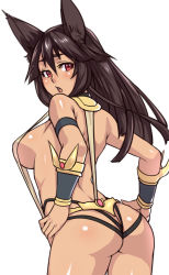 Rule 34 | 1girl, :o, animal ears, anubis (houtengeki), anubis (mythology), ass, back, bare shoulders, blush, body blush, bracer, breasts, brown hair, dark-skinned female, dark skin, egyptian, egyptian mythology, fox ears, hair between eyes, hands on own hips, houtengeki, jewelry, large breasts, long hair, looking at viewer, looking back, lots of jewelry, open mouth, original, red eyes, shiny skin, simple background, slingshot swimsuit, solo, standing, strap gap, swimsuit, white background