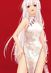 Rule 34 | 1girl, absurdres, bare shoulders, breasts, chi (marooner2), china dress, chinese clothes, commentary request, dress, fujiwara no mokou, hair ribbon, highres, long dress, long hair, looking at viewer, medium breasts, ofuda, red background, red eyes, ribbon, side slit, sleeveless, sleeveless dress, solo, touhou, tress ribbon, very long hair, white hair