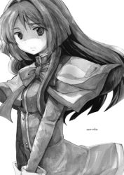Rule 34 | 1girl, aki eda, capelet, closed mouth, dress, expressionless, greyscale, kanon, long hair, long sleeves, looking at viewer, minase nayuki, monochrome, school uniform, serafuku, shaded face, simple background, solo, white background