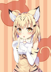 Rule 34 | 10s, 1girl, animal ears, aroma0501, bare shoulders, blonde hair, blush, bow, bowtie, brown skirt, cat ears, cat girl, cat tail, closed mouth, commentary request, elbow gloves, gloves, hair between eyes, hands up, high-waist skirt, highres, japari symbol, kemono friends, long hair, print bow, print bowtie, print gloves, print neckwear, print skirt, sand cat (kemono friends), shirt, skirt, sleeveless, sleeveless shirt, solo, striped, striped background, tail, tongue, tongue out, vertical stripes, white gloves, white shirt