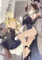 Rule 34 | 2girls, absurdres, ass, bad anatomy, black dress, black footwear, black gloves, black horns, blonde hair, blue archive, breasts, closed eyes, cup, demon horns, dress, elbow gloves, gloves, grey hair, grin, halo, high heels, highres, holding, holding cup, horns, ibuki (blue archive), ibuki (dress) (blue archive), large breasts, long hair, makoto (blue archive), makoto (dress) (blue archive), multiple girls, multiple horns, official alternate costume, open mouth, pointy ears, purple eyes, pyoyyyy, red halo, smile, yellow halo