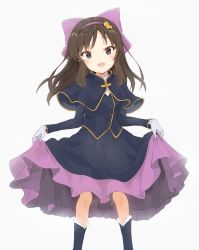 Rule 34 | 10s, 1girl, bad id, bad twitter id, blush, bow, brown eyes, brown hair, capelet, gloves, hair bow, half updo, highres, idolmaster, idolmaster cinderella girls, long hair, looking at viewer, matching hair/eyes, minikon, open mouth, project krone, skirt hold, solo, tachibana arisu, white gloves