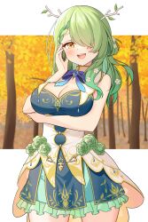 Rule 34 | 1girl, absurdres, antlers, arm under breasts, bakedmonogamy, blue dress, blue ribbon, blush, breasts, ceres fauna, ceres fauna (1st costume), cleavage, dress, flower, frilled skirt, frills, green flower, green hair, green skirt, hair flower, hair ornament, highres, hololive, hololive english, horns, large breasts, layered, long hair, looking at viewer, mole, mole under eye, ribbon, skirt, sleeveless, sleeveless dress, smile, solo, teeth, tree, upper teeth only, virtual youtuber, white dress, white flower, yellow eyes