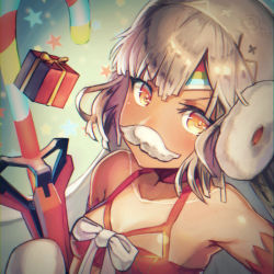 Rule 34 | 1girl, altera (fate), altera the santa (fate), armpits, bad id, bad pixiv id, bare shoulders, bikini, bikini top only, blush, box, breasts, bright pupils, candy, candy cane, choker, christmas, cleavage, dark-skinned female, dark skin, detached sleeves, earmuffs, fake facial hair, fake mustache, fate/grand order, fate (series), food, forehead protector, garutaisa, gift, gift box, holding, looking at viewer, orange eyes, photon ray (fate), red bikini, red choker, ribbon, short hair, silver hair, small breasts, solo, star (symbol), starry background, swimsuit, upper body, veil, white ribbon