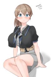 Rule 34 | absurdres, belt, black shirt, blue eyes, breasts, brown hair, cowboy shot, dated, grey neckerchief, grey skirt, highres, intrepid (kancolle), kantai collection, large breasts, maru (marg0613), multicolored neckerchief, neckerchief, one-hour drawing challenge, ponytail, shirt, short hair, simple background, sitting, skirt, twitter username, white background