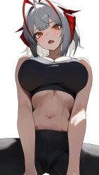 Rule 34 | 1girl, alternate costume, arasaka inu, arknights, bare arms, bare shoulders, black pants, black sports bra, breasts, cleavage, commentary request, demon girl, demon horns, from below, grey hair, highres, horns, large breasts, light blush, looking at viewer, navel, open mouth, orange eyes, pants, red horns, short hair, simple background, solo, sports bra, stomach, w (arknights), white background