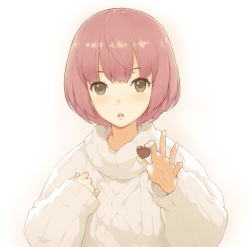 Rule 34 | 1girl, blush, bob cut, brown eyes, brown hair, candy, chocolate, chocolate heart, food, heart, holding, holding chocolate, holding food, morisawa haruyuki, original, parted lips, short hair, solo, sweater, turtleneck, turtleneck sweater, valentine, white sweater