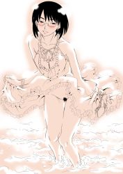 Rule 34 | 1girl, black hair, blush, clothes lift, dress, dress lift, female pubic hair, glasses, gusu, jewelry, monochrome, necklace, no panties, ocean, orange eyes, original, pearl necklace, pink theme, pubic hair, red eyes, sepia, short hair, solo, uncensored, water, wind, wind lift