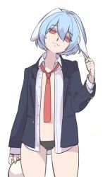 Rule 34 | 1girl, :3, animal ears, black jacket, black panties, blazer, blue hair, colored eyelashes, commentary request, cowboy shot, empty eyes, flat chest, hair between eyes, hand on own ear, hand up, head tilt, highres, holding, jacket, long sleeves, looking at viewer, namauni, necktie, open clothes, open shirt, panties, pulling own ear, rabbit ears, red eyes, red necktie, reisen, shirt, short hair, simple background, smile, solo, standing, thighs, touhou, underwear, white background, white shirt, wing collar