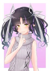 Rule 34 | 1girl, absurdres, aran sweater, bare shoulders, black hair, blush, border, breasts, cable knit, closed mouth, commentary request, demon girl, demon horns, dress, finger to mouth, grey sweater, hair ribbon, halterneck, highres, horns, kojo anna, kojo anna (3rd costume), long hair, looking at viewer, medium breasts, meme attire, multicolored hair, nanashi inc., official alternate costume, outline, outside border, pointy ears, purple hair, ribbed sweater, ribbon, robou no stone, sleeveless, sleeveless sweater, smile, solo, sweater, sweater dress, turtleneck, turtleneck sweater, two-tone hair, upper body, virgin killer sweater, virtual youtuber, wavy hair, white border, white outline, white ribbon