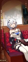 Rule 34 | 1girl, after meal, bare shoulders, black jacket, black sleeves, breasts, chinese commentary, cleavage, closed eyes, cross, earrings, english text, hair between eyes, highres, holster, honkai (series), honkai impact 3rd, indoors, jacket, jewelry, kallen kaslana, kallen kaslana (sin hunter), legs together, long hair, long sleeves, medium breasts, night, official art, official wallpaper, open clothes, open jacket, open mouth, restaurant, sitting, solo, thigh holster, white hair
