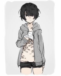 Rule 34 | 1girl, bad id, bad pixiv id, black eyes, black hair, black shorts, clothes lift, extra eyes, fuyuno kamome, grey background, hair over one eye, highres, hood, hoodie, messy hair, navel, open clothes, open hoodie, original, parted lips, shirt lift, short hair, short shorts, shorts, simple background, sketch, sleeves past wrists, solo, tank top, trypophobia, two-tone background, very short hair, white background
