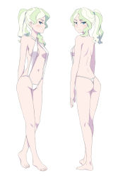 Rule 34 | 1girl, ass, blonde hair, blue eyes, blush, breasts, cleavage, closed mouth, diana cavendish, feet, from behind, full body, highres, little witch academia, looking at viewer, looking back, looking to the side, multiple views, navel, one-piece swimsuit, ponytail, satochi, shoulder blades, simple background, slingshot swimsuit, small breasts, standing, swimsuit, white background, white one-piece swimsuit