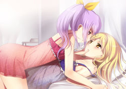 Rule 34 | 2girls, bad id, bad pixiv id, blonde hair, eye contact, female focus, finger to mouth, girl on top, holding hands, incest, jing hu, kiyoshi mizuumi +, lingerie, long hair, looking at another, multiple girls, negligee, ponytail, purple hair, red eyes, siblings, silent sinner in blue, sisters, touhou, underwear, underwear only, watatsuki no toyohime, watatsuki no yorihime, yuri