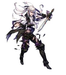 Rule 34 | 1boy, blood, boots, butler, dagger, fire emblem, fire emblem fates, fire emblem heroes, fujisaka kimihiko, full body, gloves, grey hair, highres, injury, jakob (fire emblem), knife, long hair, low ponytail, male focus, nintendo, official art, purple eyes, solo, teeth, transparent background, weapon