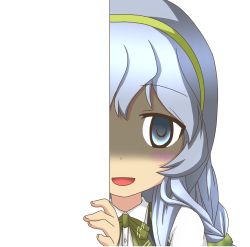 Rule 34 | 10s, 1girl, :d, blue eyes, blue hair, blush, bow, bowtie, collared shirt, hairband, kantai collection, long hair, matching hair/eyes, nagineko, open mouth, peeking out, school uniform, shaded face, shirt, smile, solo, transparent background, yamagumo (kancolle), yandere